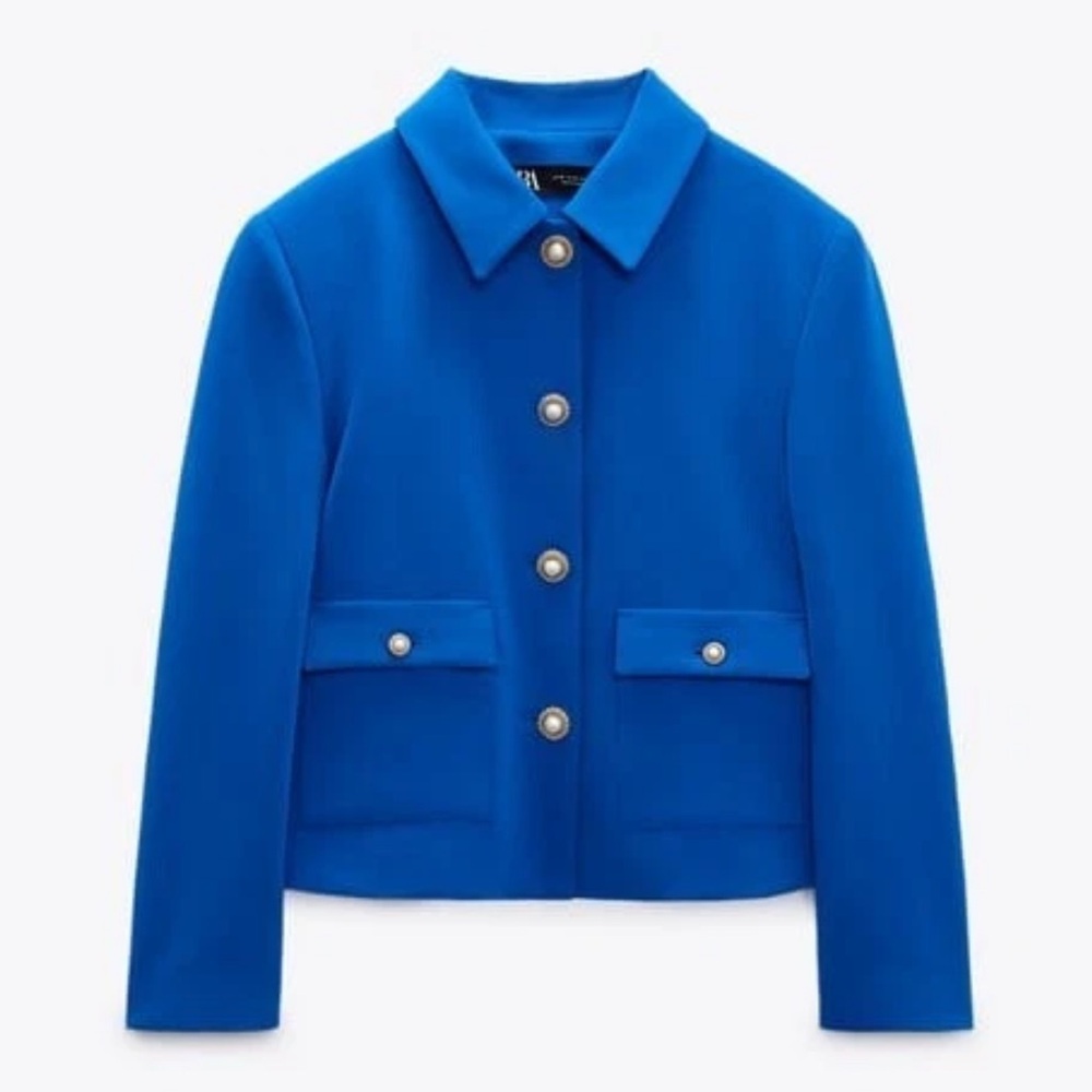 Zara Blue Lady Jacket With Pearl Buttons